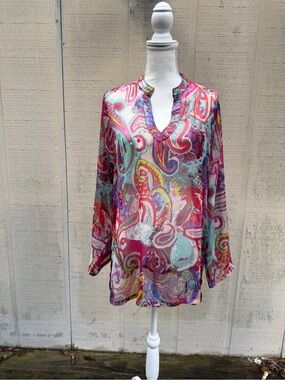 TravelSmith Multicolor Paisley Sheer  Tunic Pink, Turquoise, Purple, Yellow